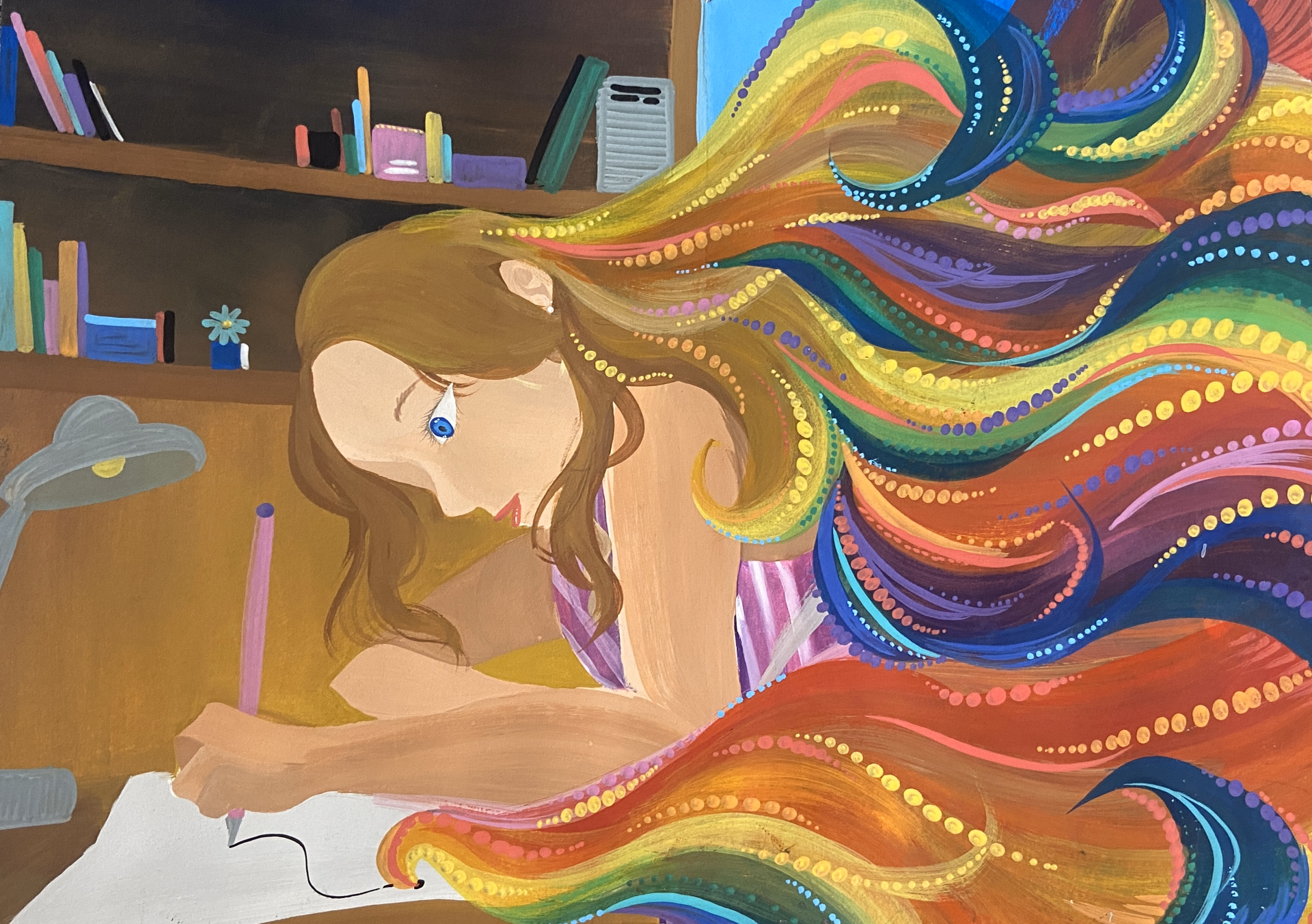 Drawn illustration of person with flowing locks writing on a piece of paper. Their hair fades into an artistic rainbow of colors and lines.